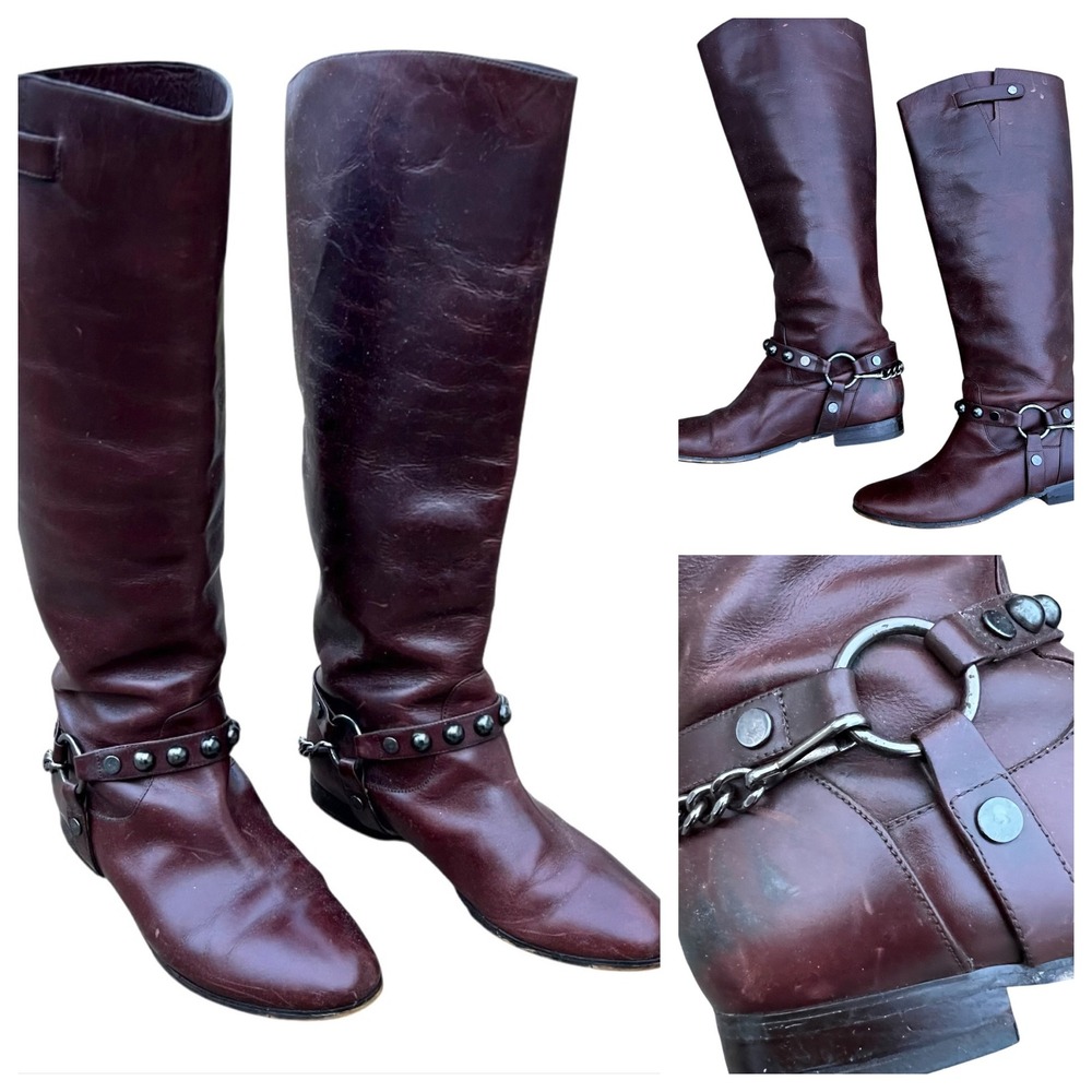 Brown Leather Tall Riding Boots Equestrian Style Size 7.5 Buckle Chain Old Money - Picture 13 of 17